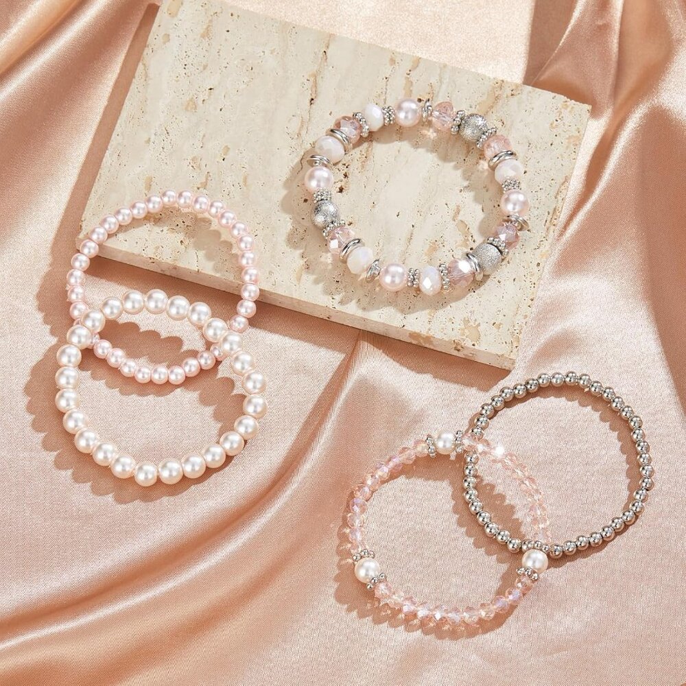 Pink Beaded Pearl Silver Stackable Bracelets For … - image 4